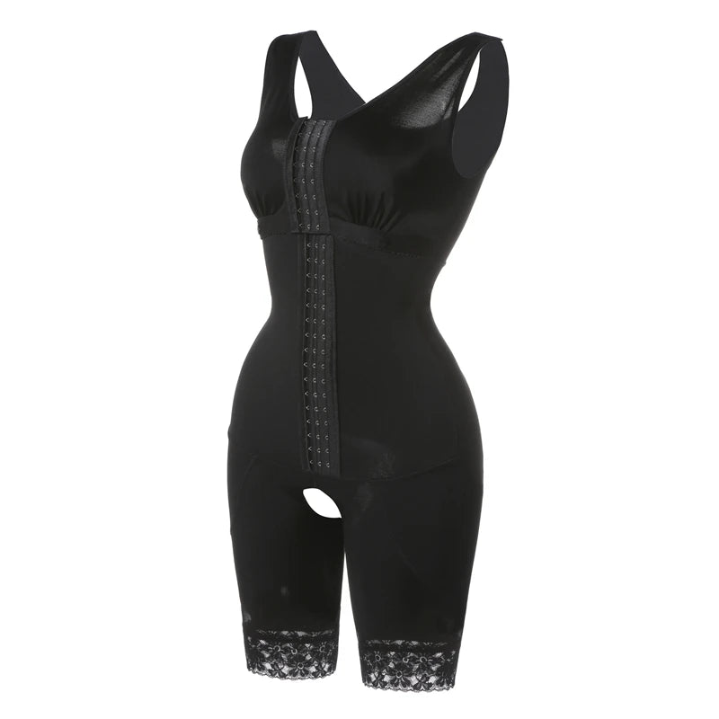 Open-Bust Mid-Thigh Bodysuit with Multi-Row Hook Closure and Lace Hem