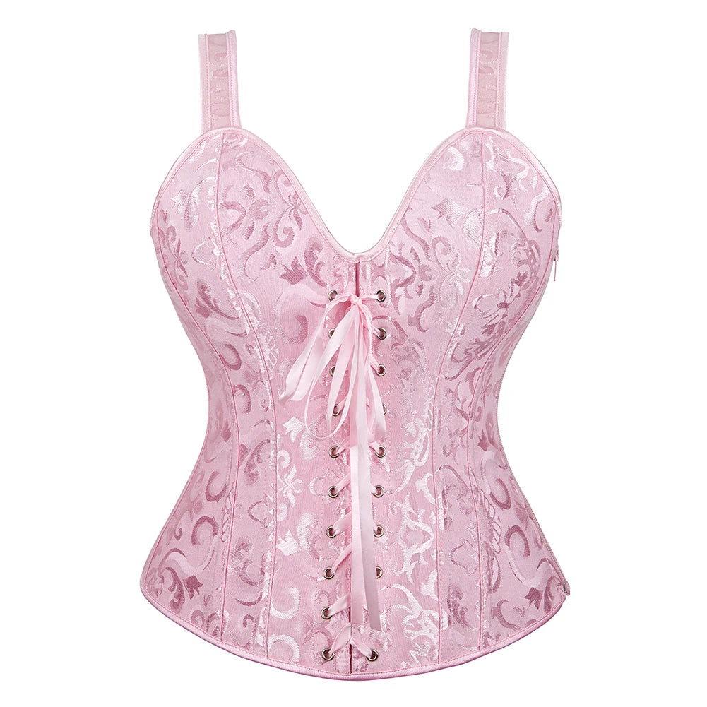 Red and Black Polka Dot Overbust Corset with Lace Overlay and Ruffled Trim