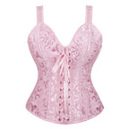 Red and Black Polka Dot Overbust Corset with Lace Overlay and Ruffled Trim
