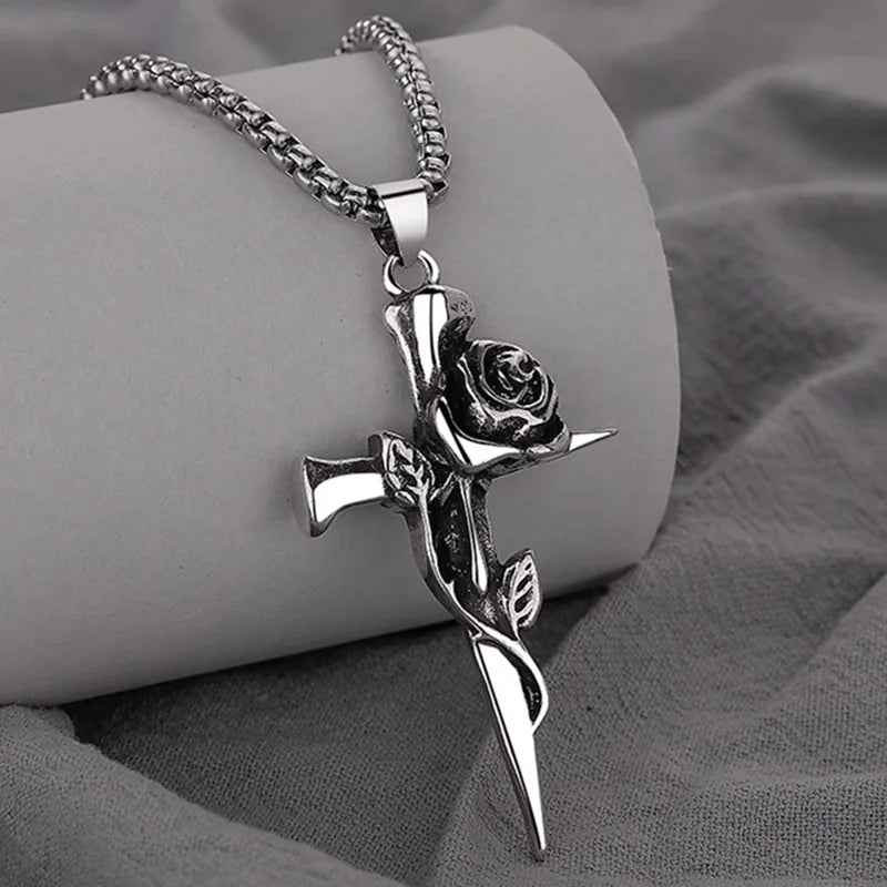 Vintage Rose Cross Pendant Necklace for Gothic Punk and Alternative Fashion