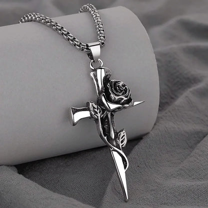 Vintage Rose Cross Pendant Necklace for Gothic Punk and Alternative Fashion