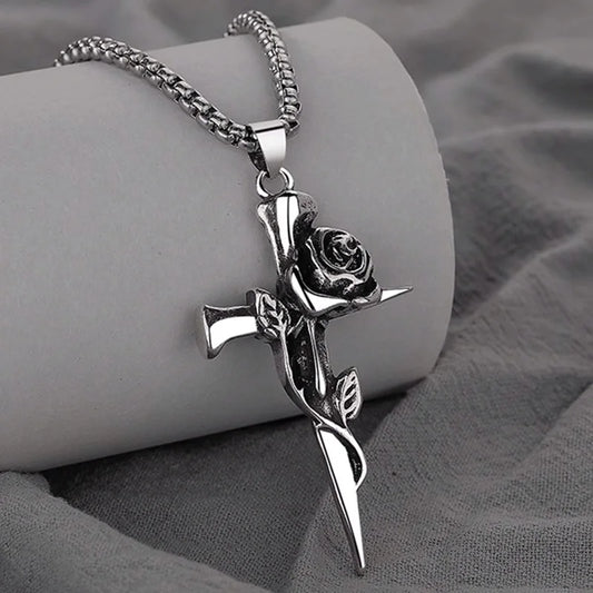 Vintage Rose Cross Pendant Necklace for Gothic Punk and Alternative Fashion