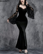 Velvet Gothic Mermaid Dress with Lace Sleeves and Dark Elegance