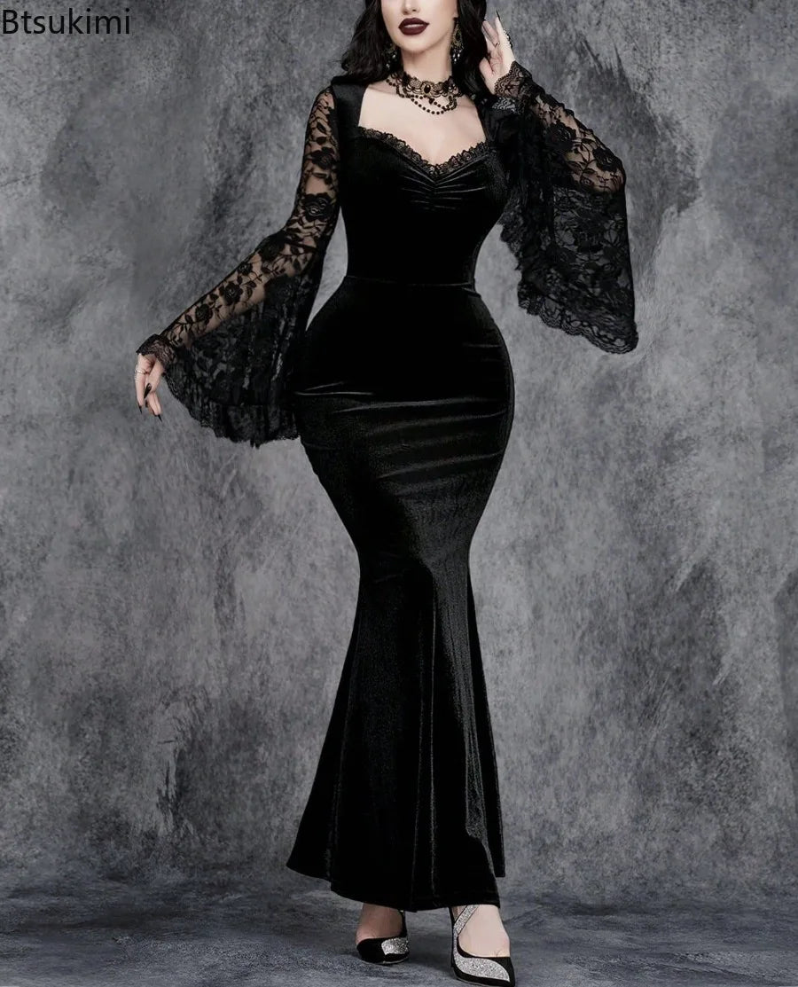Velvet Gothic Mermaid Dress with Lace Sleeves and Dark Elegance