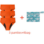 Five-Piece Solid Black Menstrual Brief Set with Two Printed Travel Bags