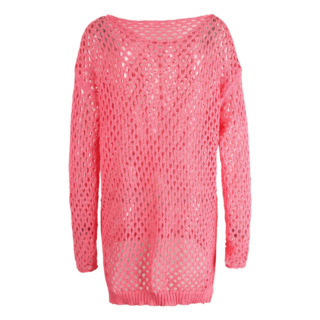 Open-Knit Crochet Beach Cover-Up Dress with Long Sleeves and Relaxed Sheer Mesh Design for Bikini Styling