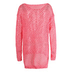 Open-Knit Crochet Beach Cover-Up Dress with Long Sleeves and Relaxed Sheer Mesh Design for Bikini Styling