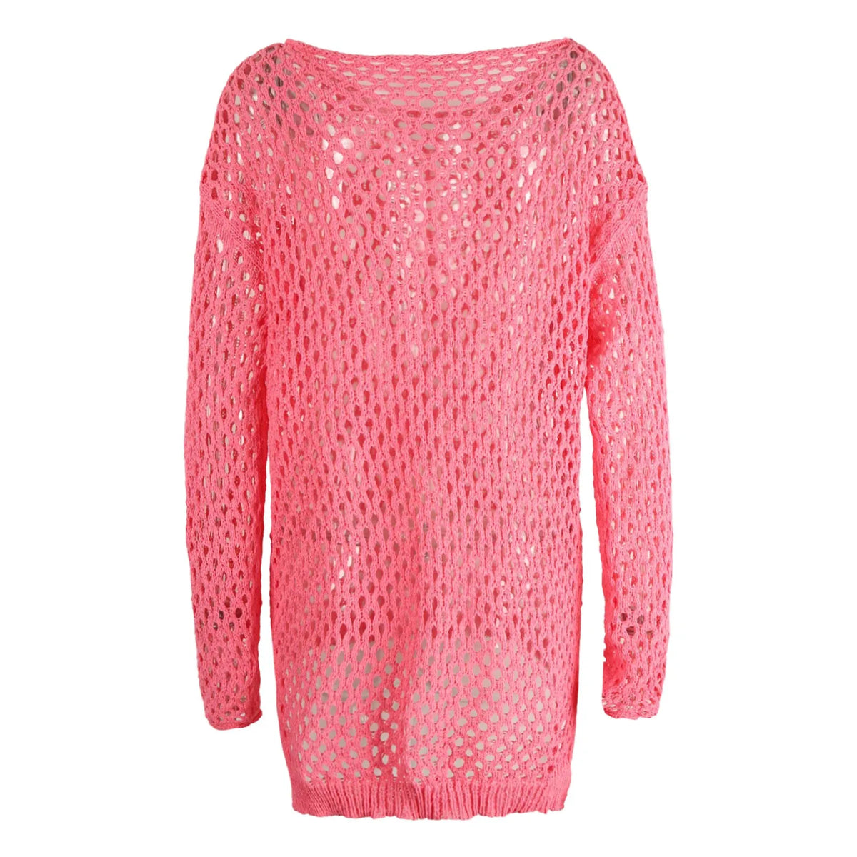 Open-Knit Crochet Beach Cover-Up Dress with Long Sleeves and Relaxed Sheer Mesh Design for Bikini Styling