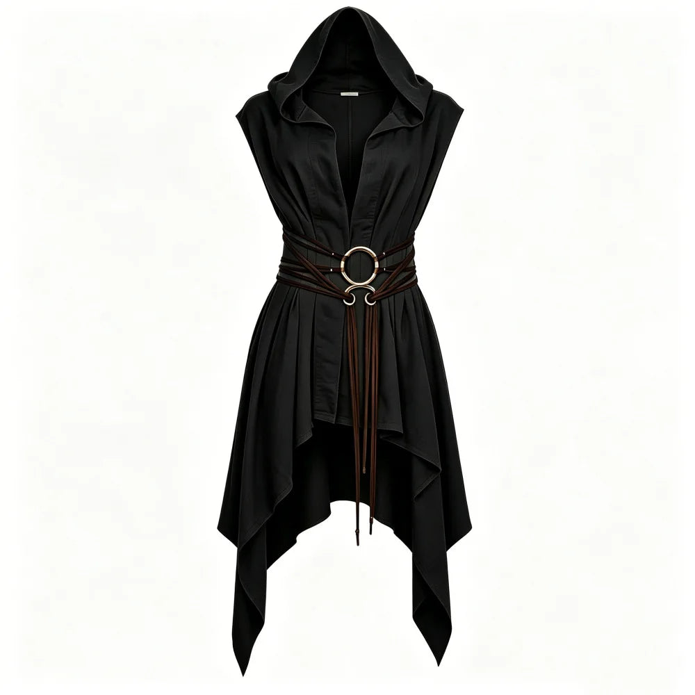 Earth-Toned Asymmetrical Hooded Sleeveless Tunic for Historical Fantasy Roleplay
