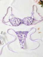 Ethereal Lavender Floral Embroidery Sheer Underwire Lingerie Set with Tie-Side Thong