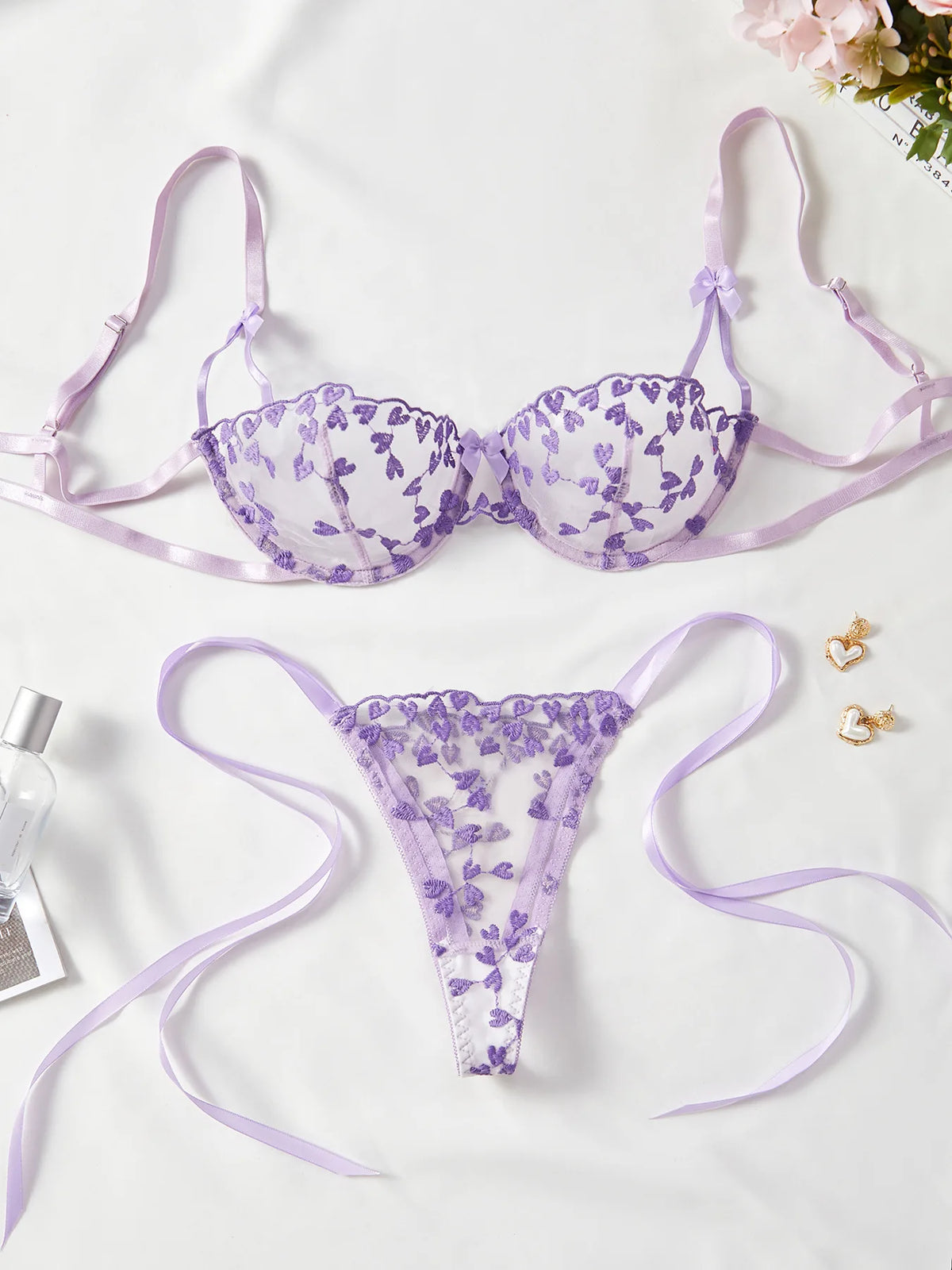 Ethereal Lavender Floral Embroidery Sheer Underwire Lingerie Set with Tie-Side Thong
