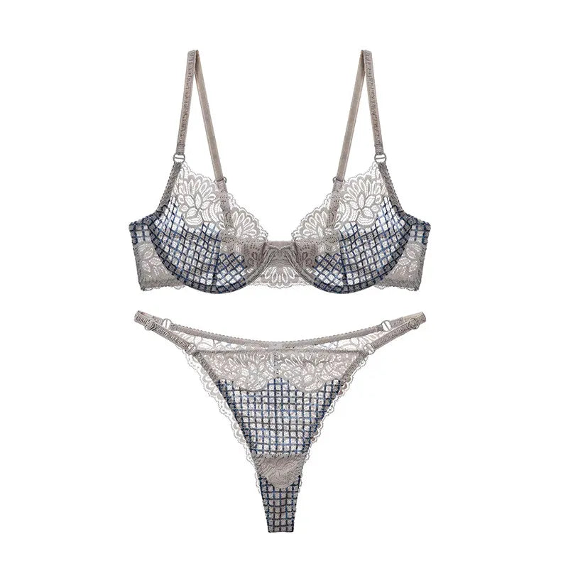 Crisp White Geometric Lace Unlined Underwire Bra and Brief Set