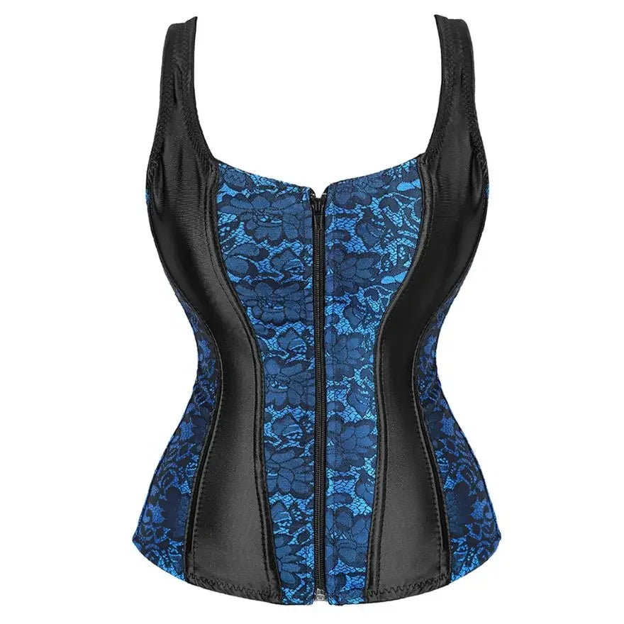 Vintage Floral Tapestry Overbust Corset with Wide Straps and Structured Seaming