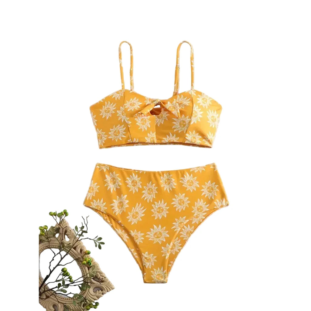 Cheerful Yellow Floral High-Waisted Bikini with Front-Knot Detail