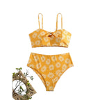 Cheerful Yellow Floral High-Waisted Bikini with Front-Knot Detail
