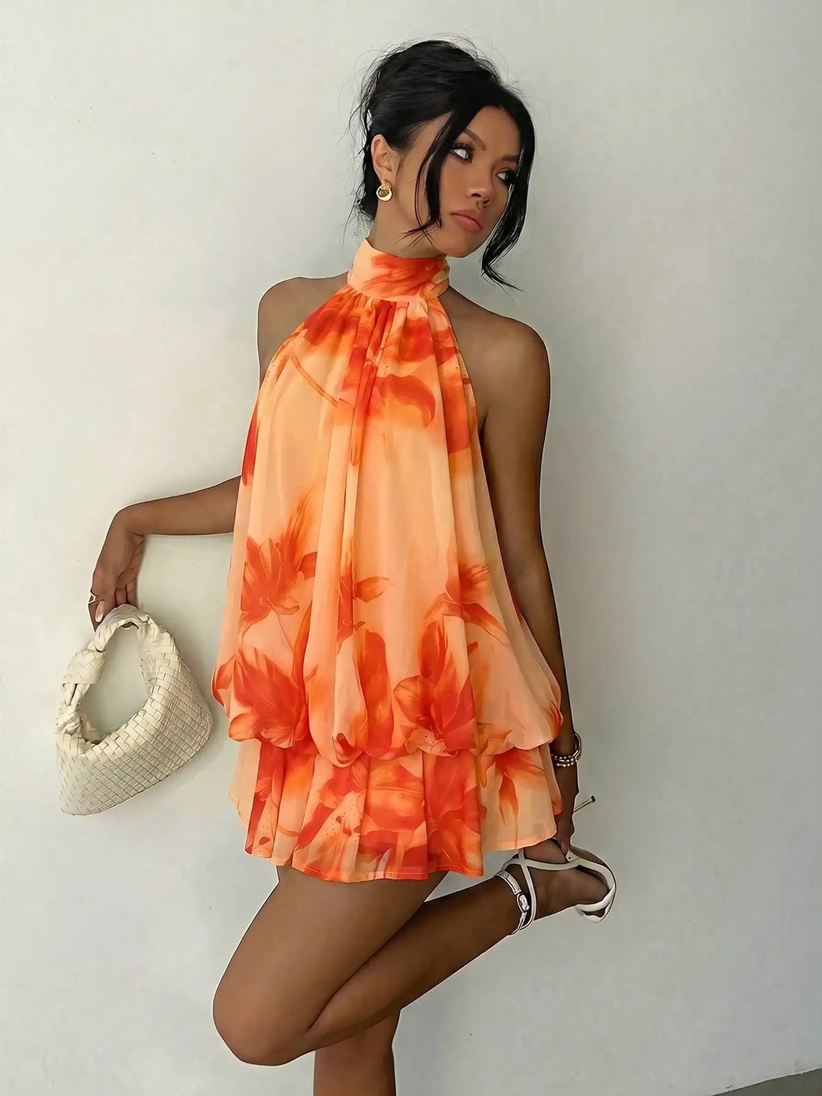 Elegant Cream Halter-Neck Mini Dress with Fluid Draped Silhouette