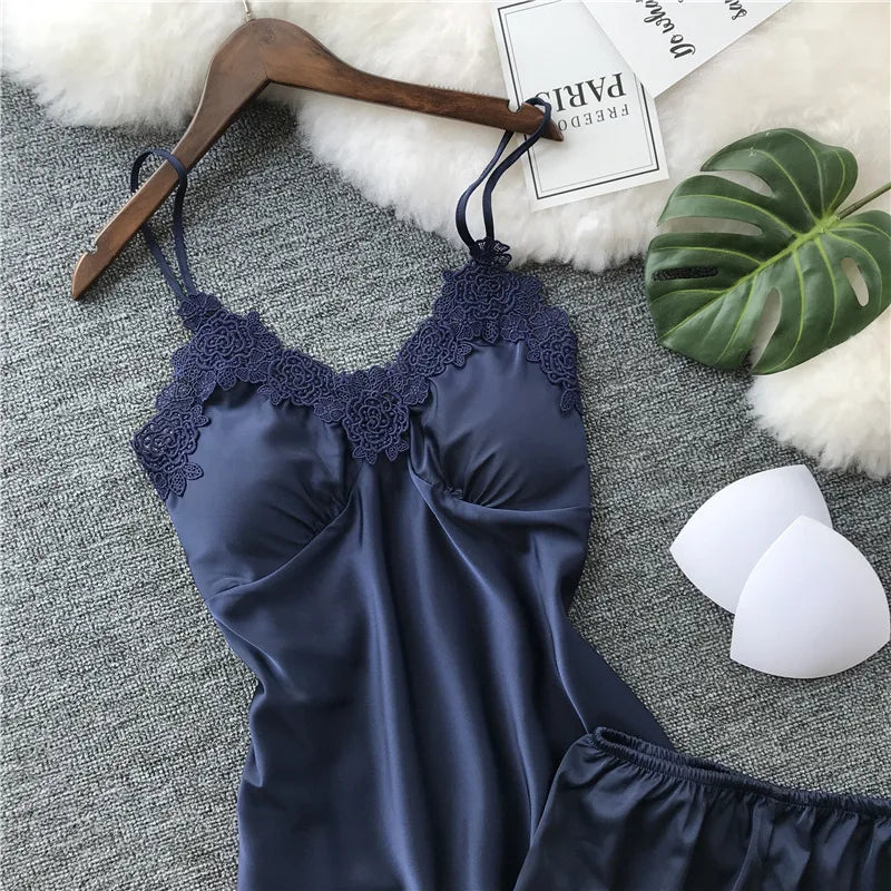 Midnight Blue Satin-Finish Camisole and Shorts Sleepwear Set with Lace Trim