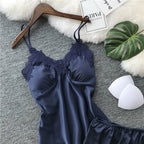 Midnight Blue Satin-Finish Camisole and Shorts Sleepwear Set with Lace Trim