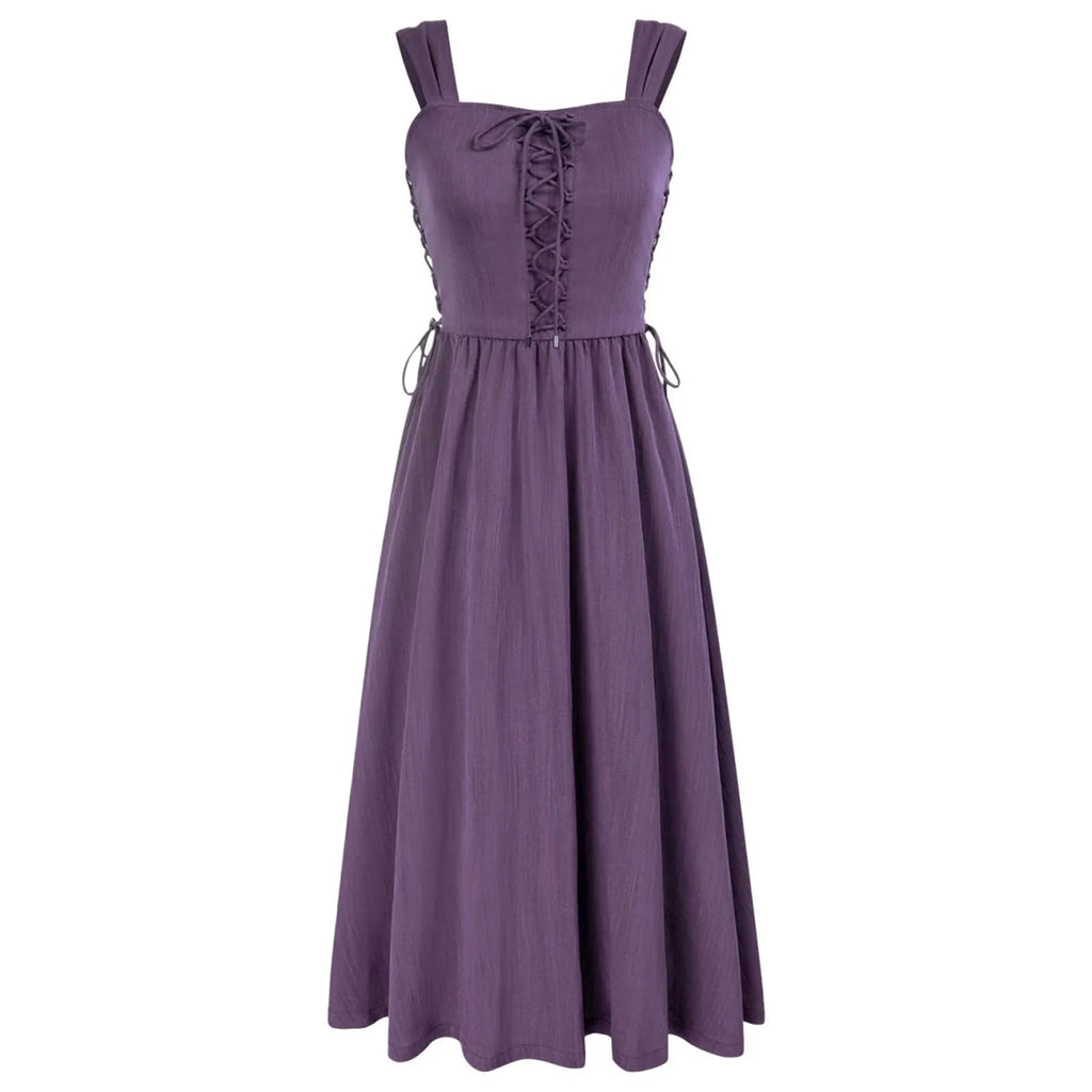 Rustic Lace-Up A-Line Dress with Wide Straps and Gathered Skirt