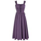Rustic Lace-Up A-Line Dress with Wide Straps and Gathered Skirt