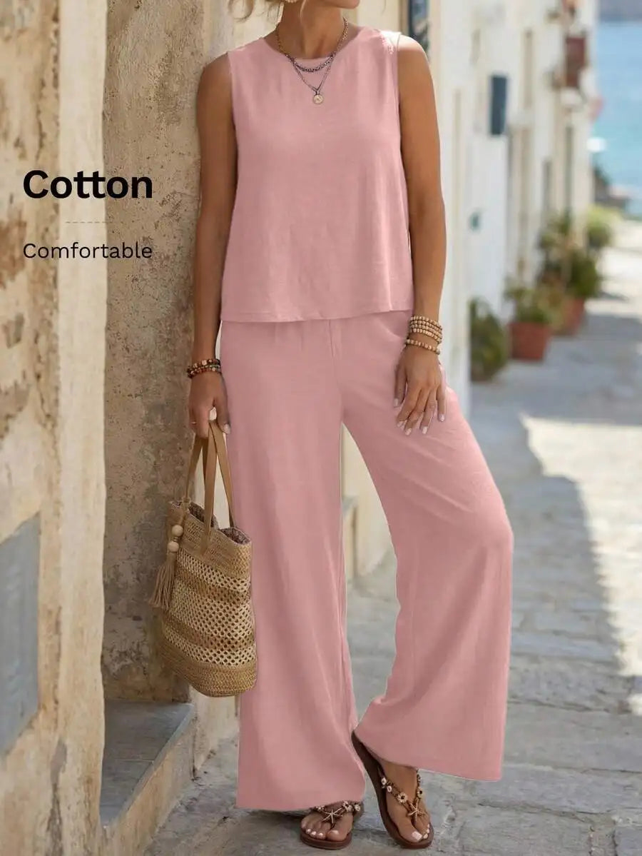 Relaxed Sleeveless Top and Wide Leg Pants Summer Co-Ord Set for Women