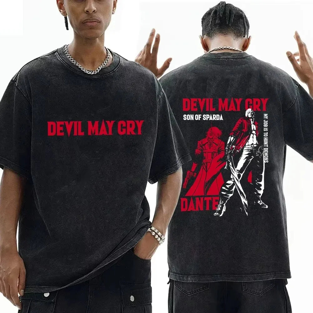 Demon Hunter Anime Oversized Vintage Washed Back Print Streetwear T-Shirt
