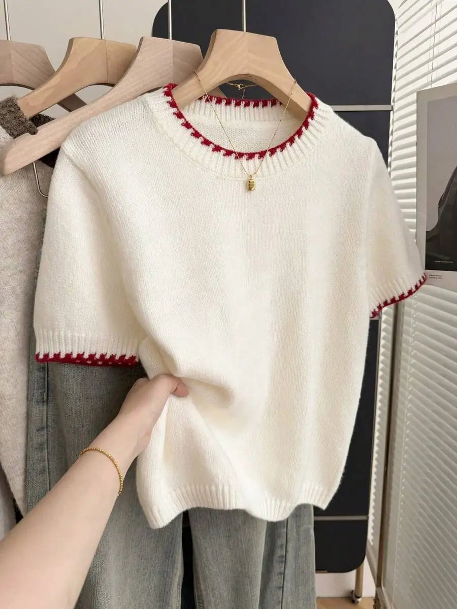 Women's Contrast Trim Short Sleeve Knit Sweater with Relaxed Retro Cropped Silhouette