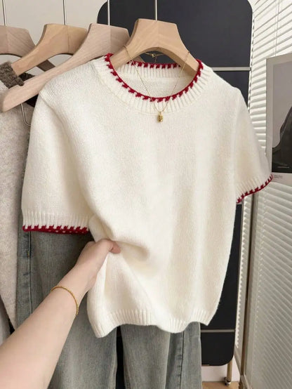 Women's Contrast Trim Short Sleeve Knit Sweater with Relaxed Retro Cropped Silhouette