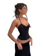 Sleek Black Satin V-Neck Corset Camisole with Slender Halter Straps