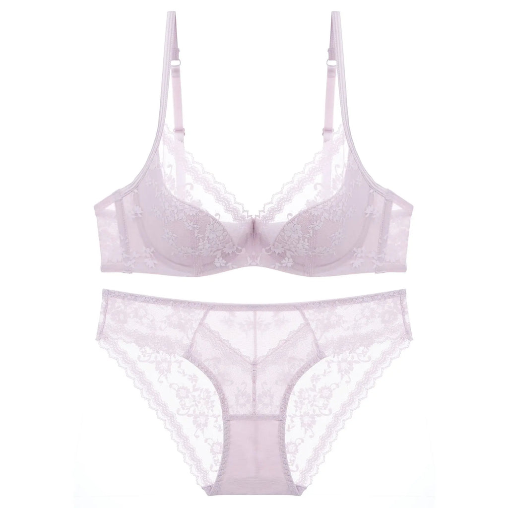 Elegant Scalloped Lace Plunge Bra and Panty Intimates Set