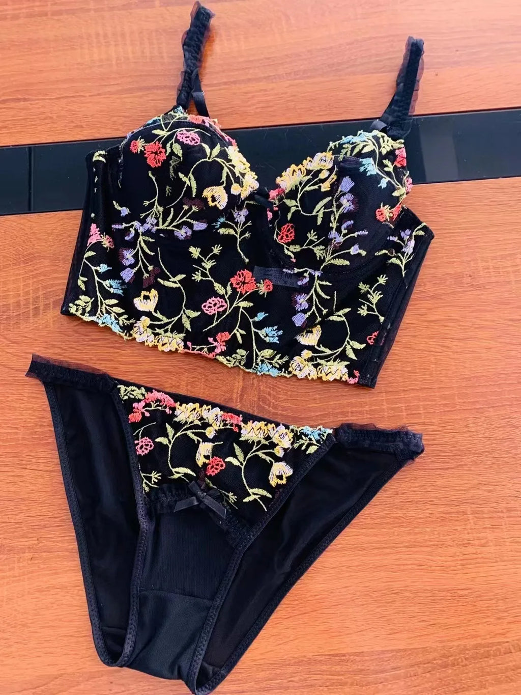 Colorful Floral Embroidery Longline Corset Bra and Panty Set