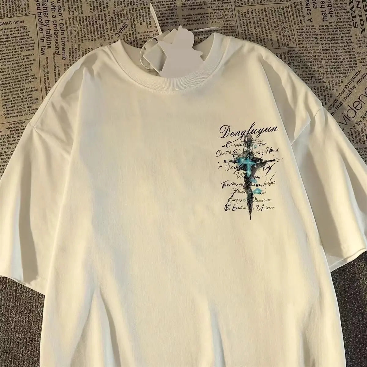 Oversized Cross Graphic Cotton T-Shirt with Vintage Script Streetwear Design
