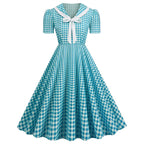 Vintage-Inspired Red Gingham Swing Dress with Contrasting Collar