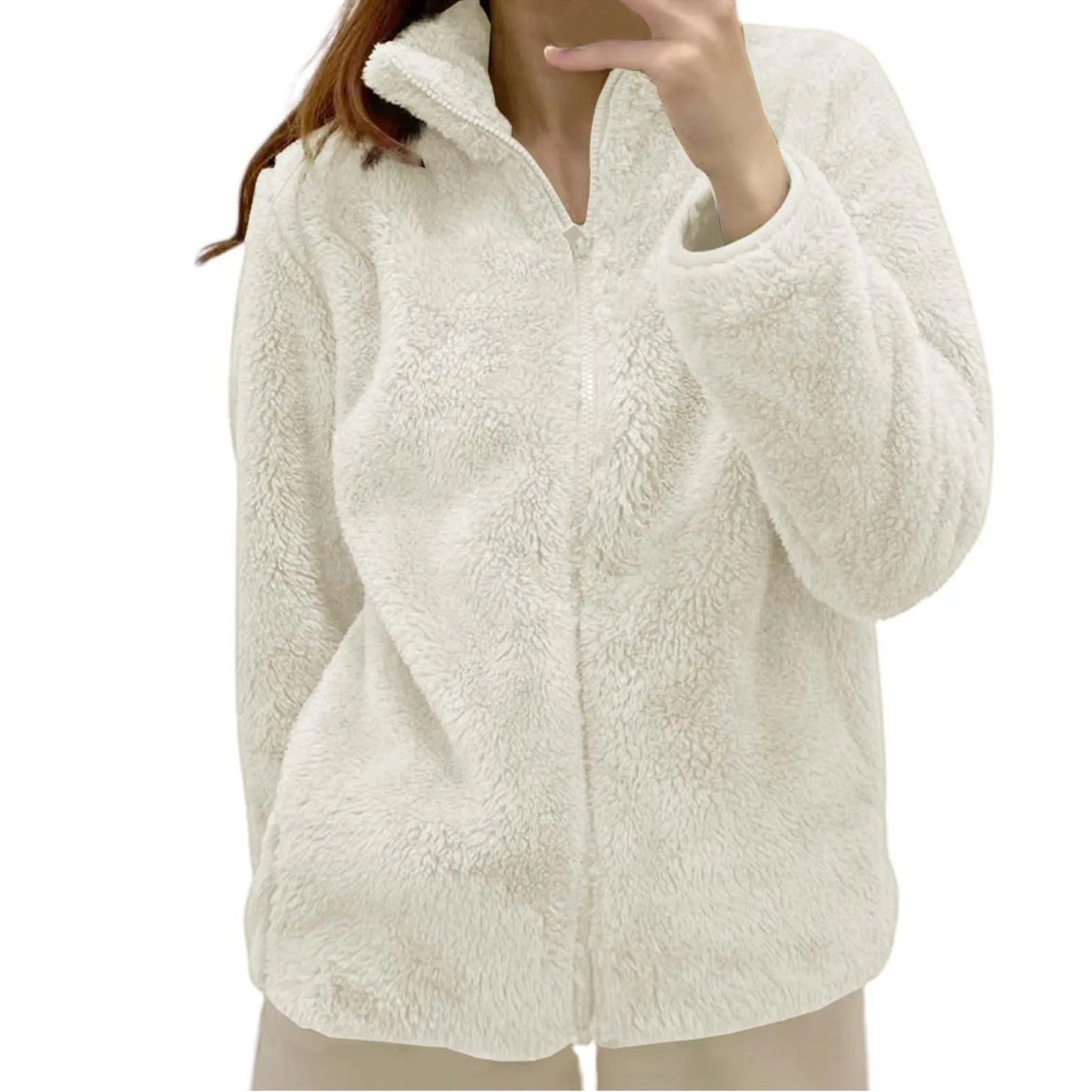 Women's Plush Polar Fleece Zip Jacket with Relaxed Everyday Streetwear Layering Fit