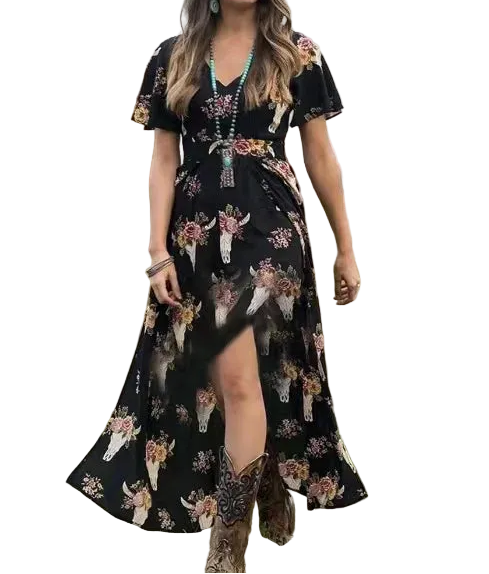 Printed Split Hem Maxi Dress with Relaxed Fit and Short Sleeves