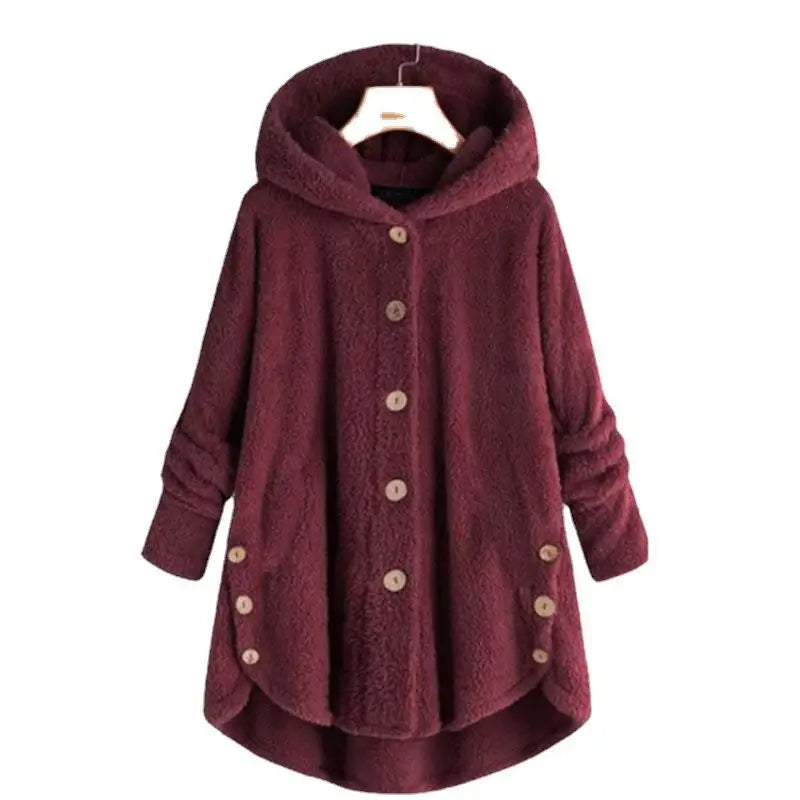 Women's Plush Hooded Teddy Fleece Coat with Button Front for Cozy Winter Layering