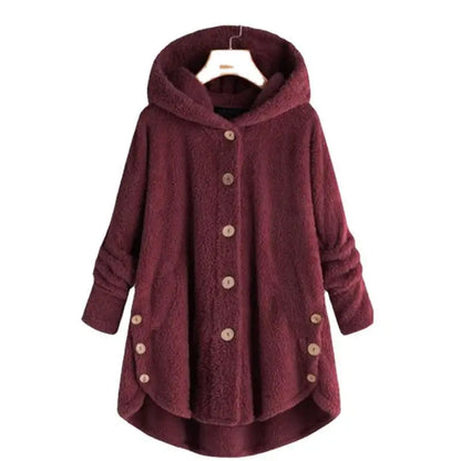 Women's Plush Hooded Teddy Fleece Coat with Button Front for Cozy Winter Layering