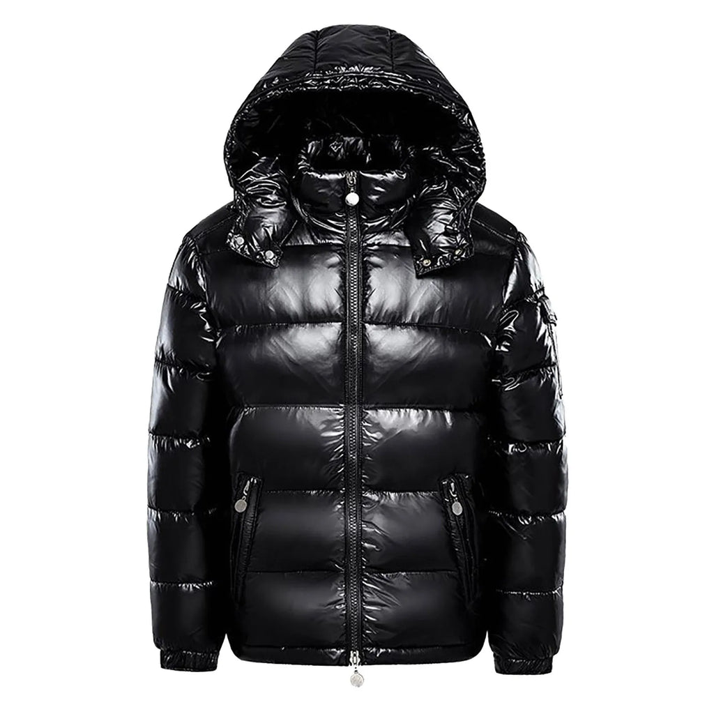 Men's Glossy Hooded Puffer Jacket with Oversized Quilted Design for Winter Streetwear Layering