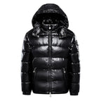 Men's Glossy Hooded Puffer Jacket with Oversized Quilted Design for Winter Streetwear Layering