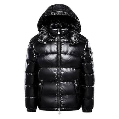 Men's Glossy Hooded Puffer Jacket with Oversized Quilted Design for Winter Streetwear Layering