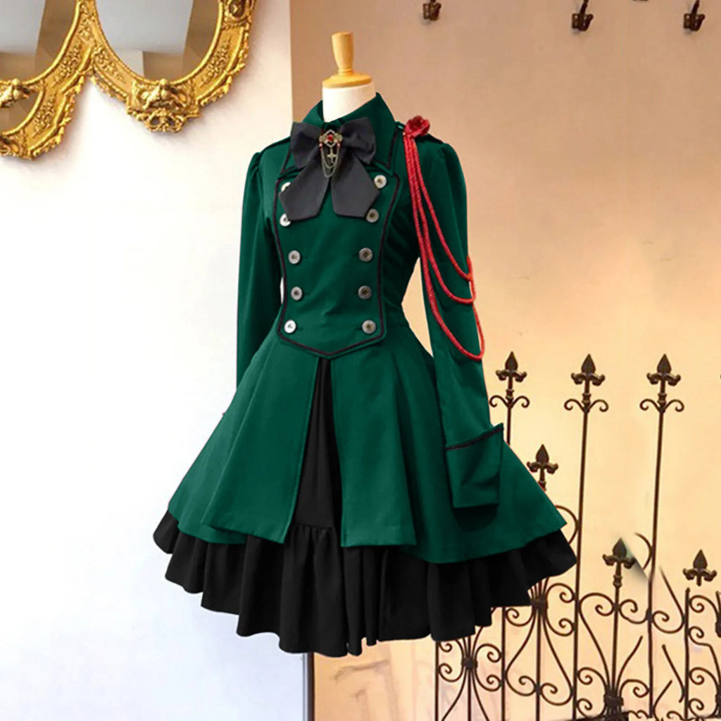 Medieval-Inspired Green and Black Flared Coat Dress with Decorative Bow and Brass-Tone Buttons