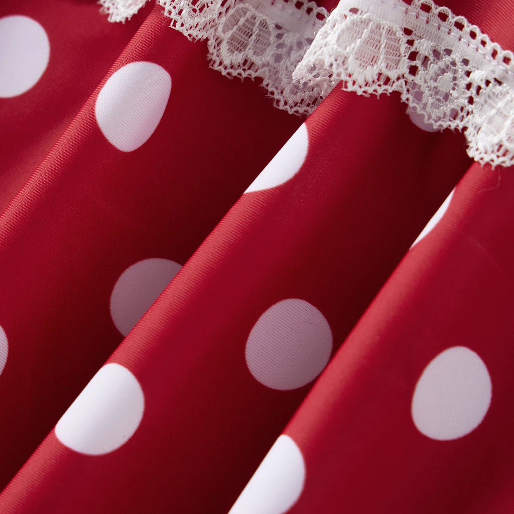 Red and White Polka Dot Swimwear Piece with Scalloped Lace Trim