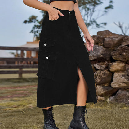 High Waist Cargo Midi Skirt with Utility Pockets Front Slit Streetwear Fashion