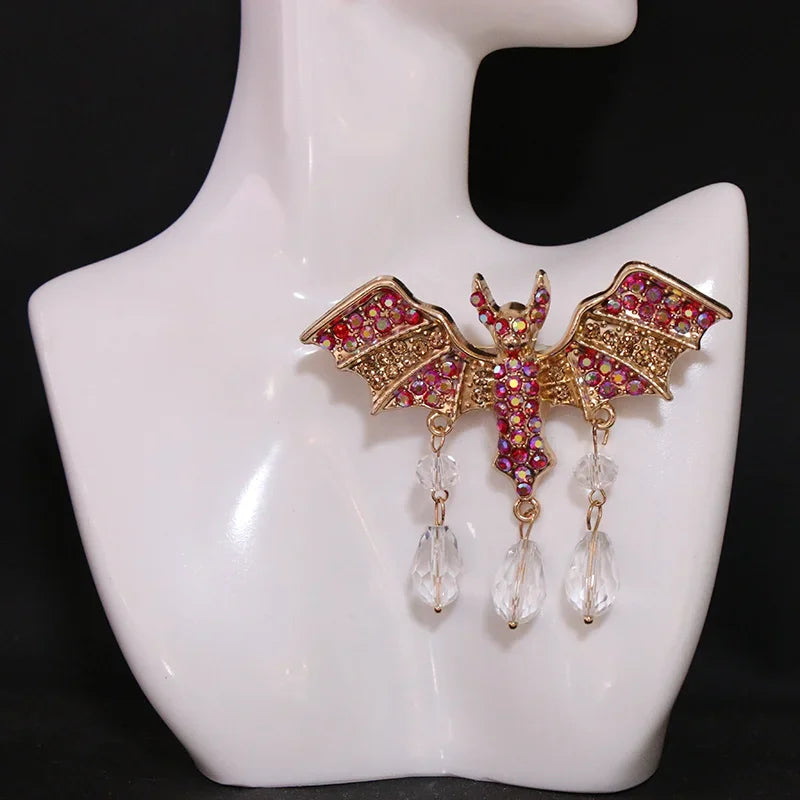 Vintage Gothic Bat Wing Brooch with Crystal Drop Statement Accent