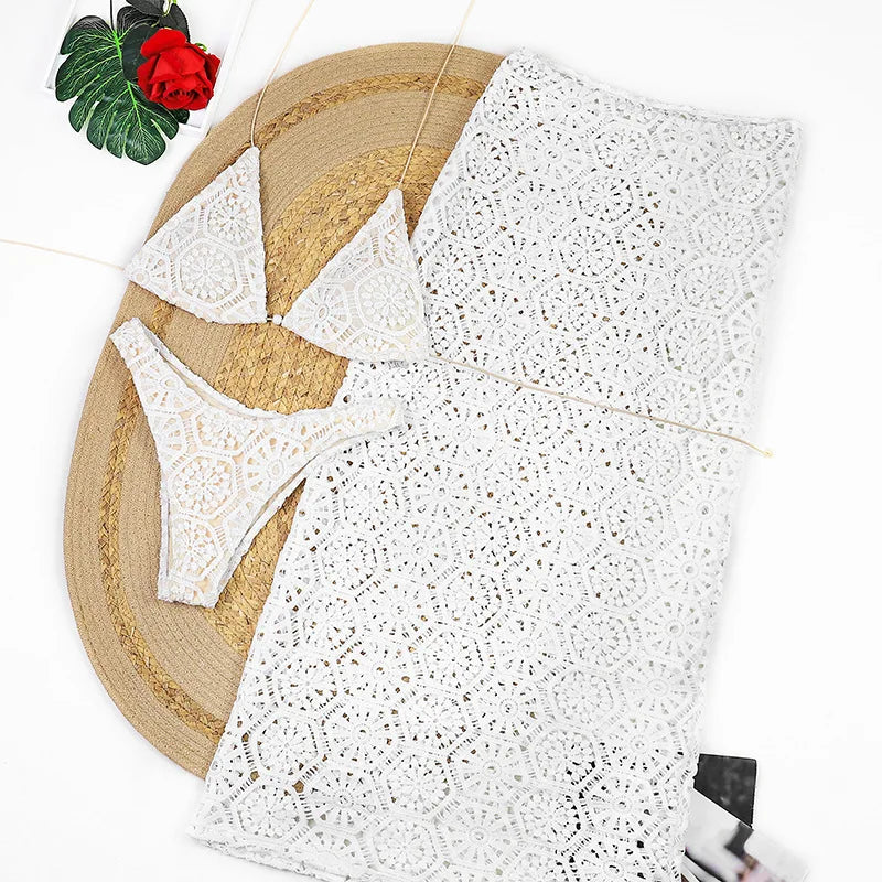 Cream Crochet Three-Piece Swimwear Set with Halter Bikini and Sheer Maxi Skirt