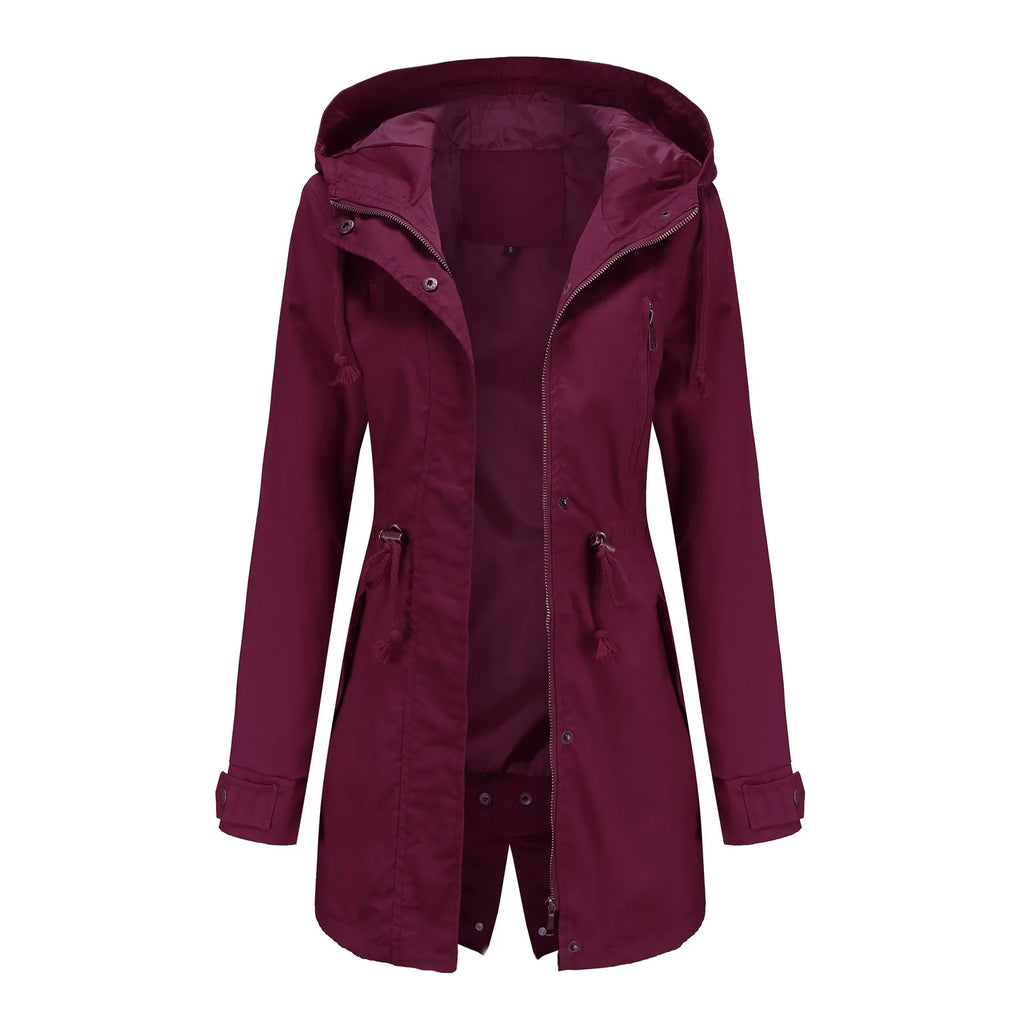 Women's Hooded Drawstring Longline Windbreaker Jacket with Lightweight Streetwear Outdoor Style