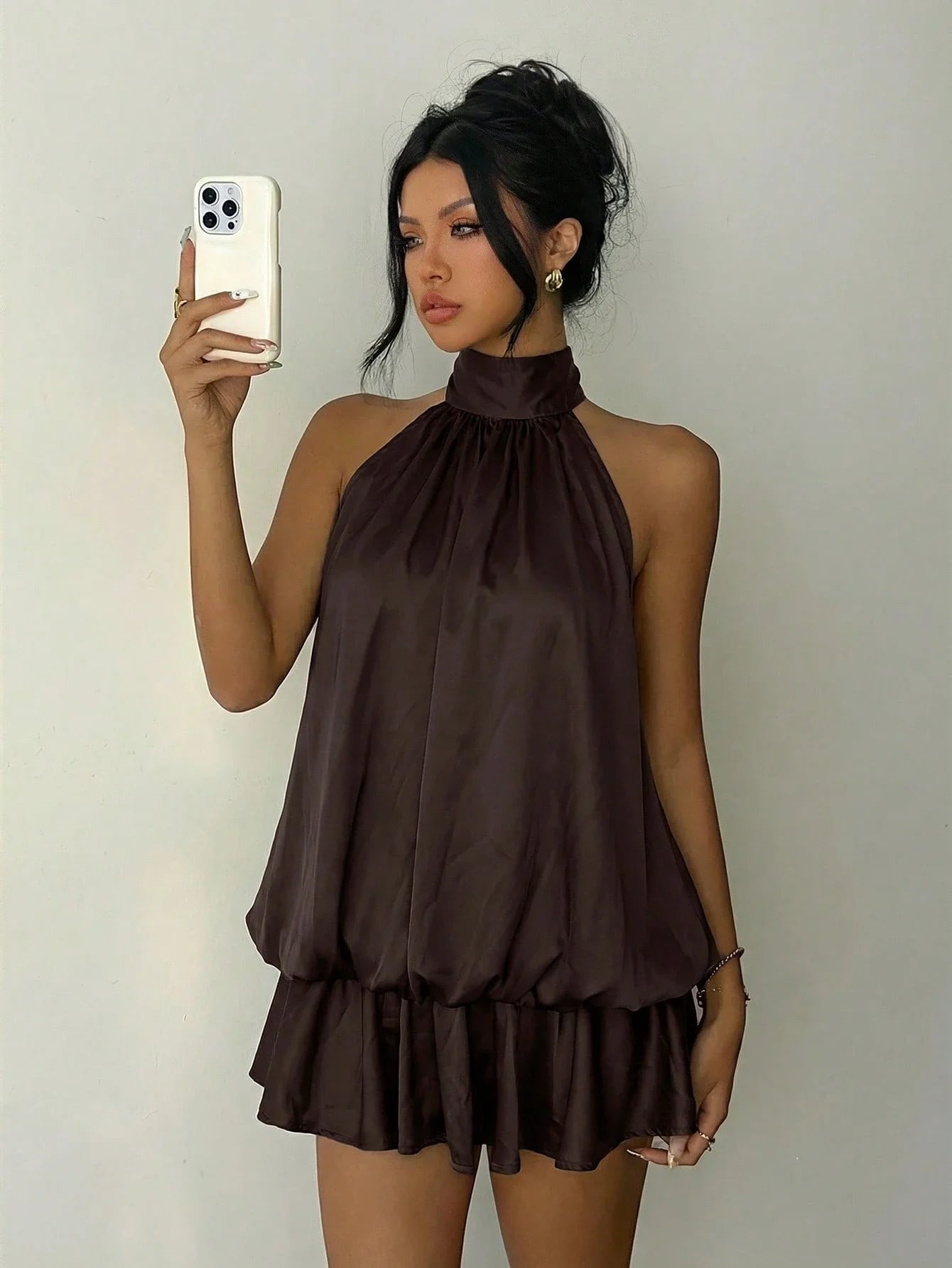 Ruched Halter Neck Tiered Mini Dress With Flowy A-Line Party Silhouette