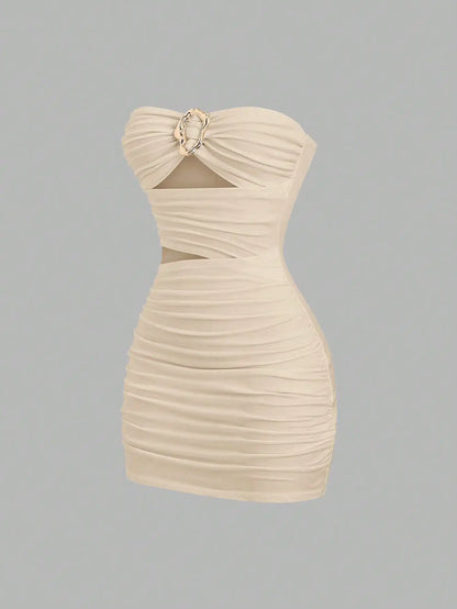 Strapless Ruched Bodycon Mini Dress with Metallic Accent Contemporary Silhouette