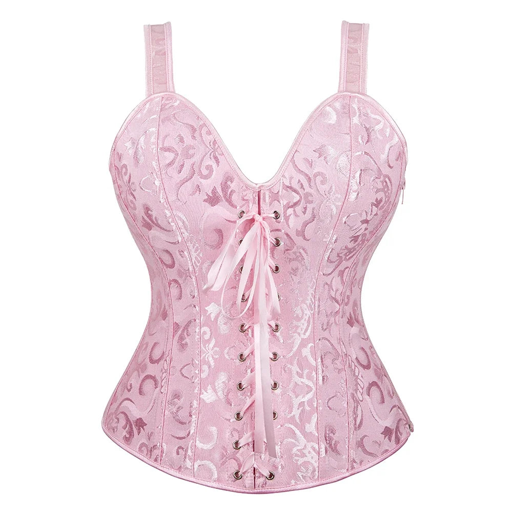 Vintage Floral Tapestry Overbust Corset with Wide Straps and Structured Seaming