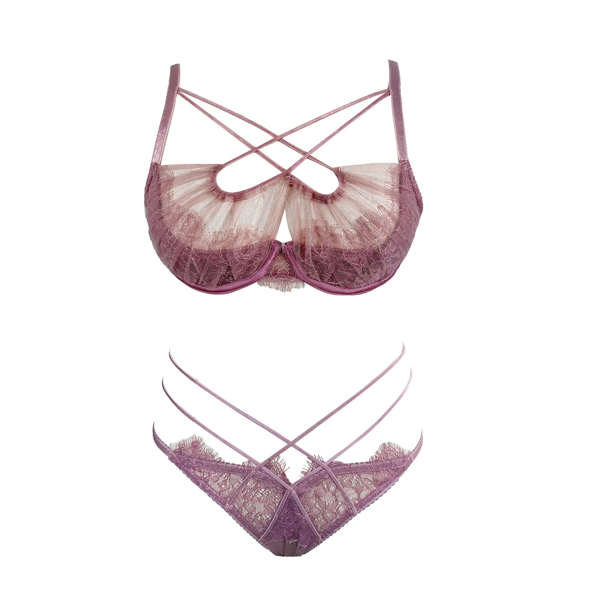 Deep Crimson Sheer Mesh Underwire Lingerie Set with Architectural Strappy Chest Detailing